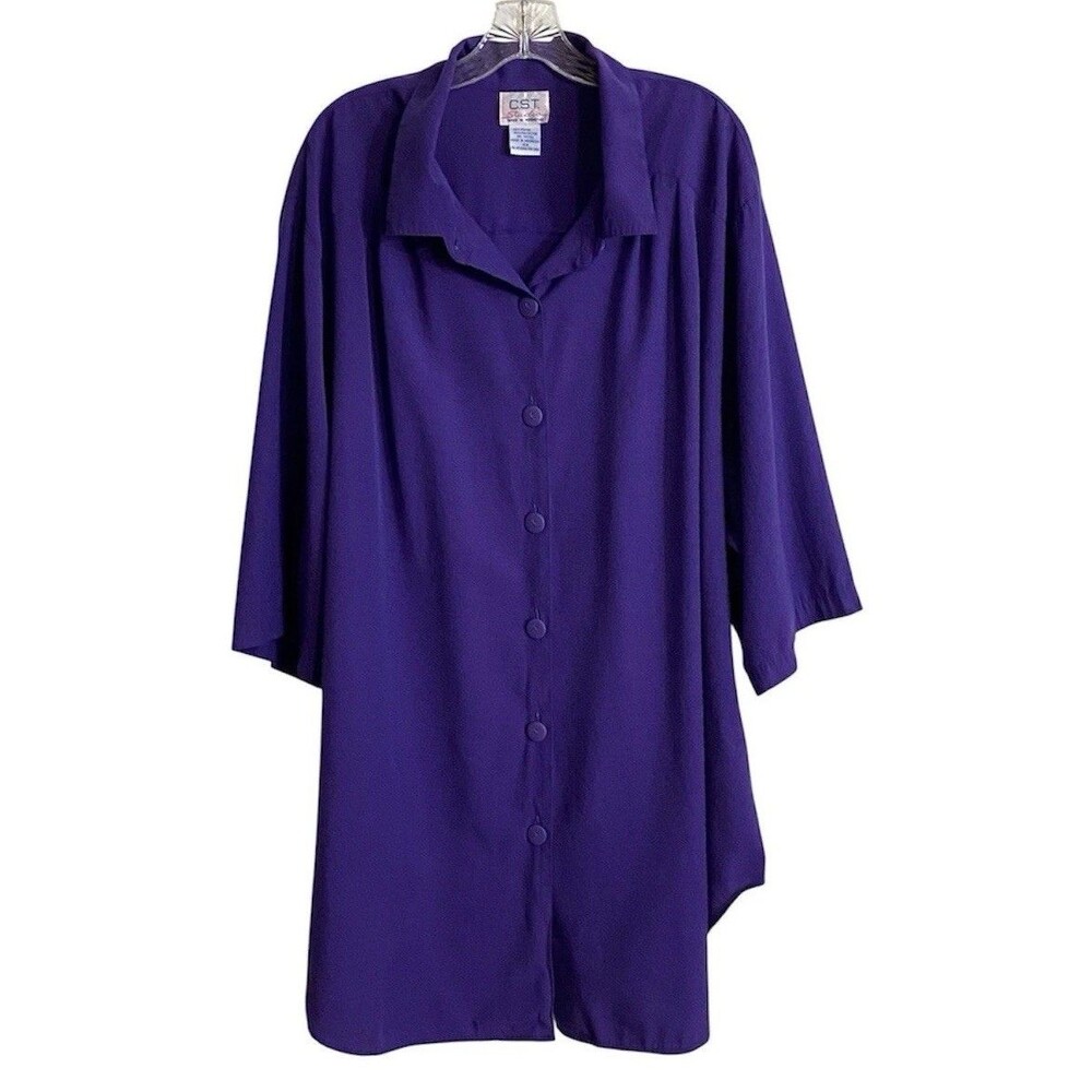 CST Studio Womens Tunic 4X Purple Button Up 3/4 Sleeve Lagenlook Layering Flowy